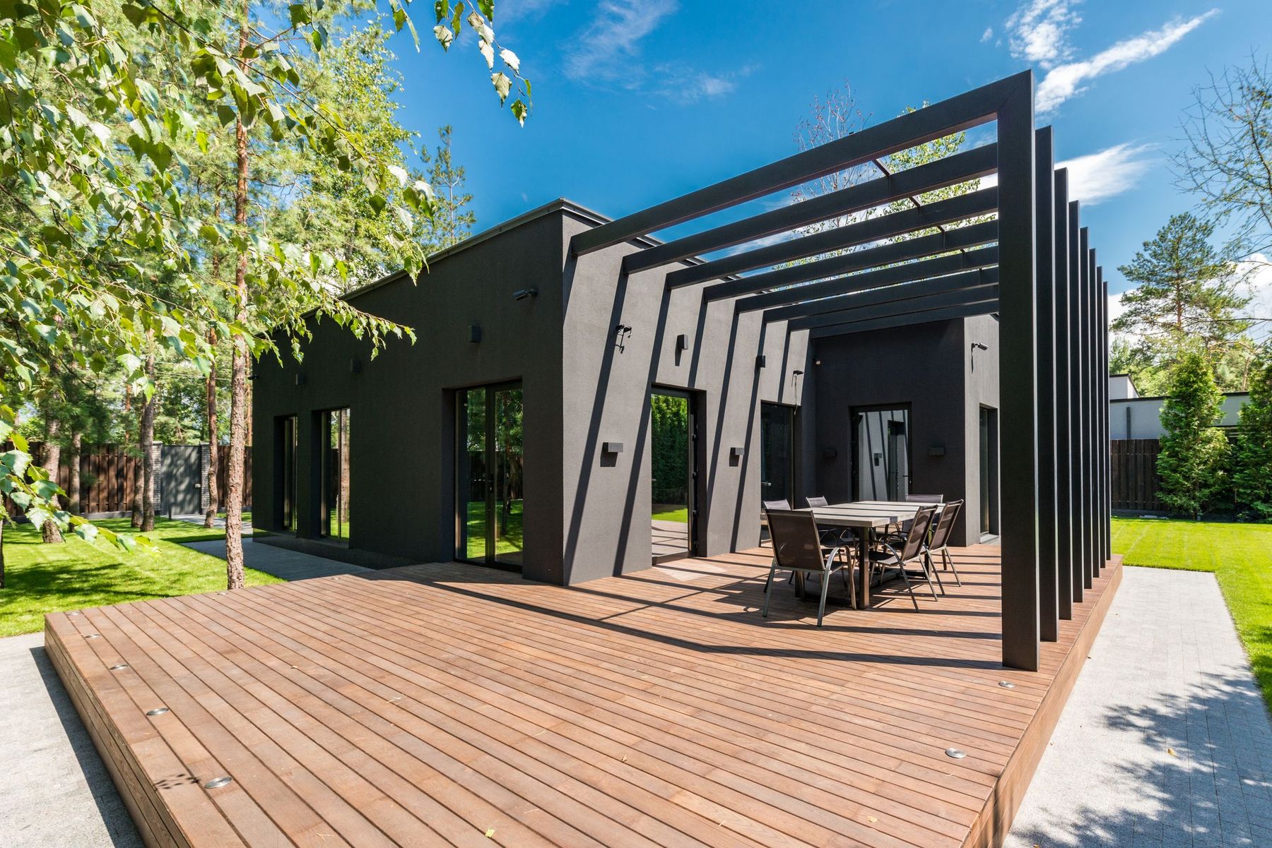 Modern deck and pergola off a custom home