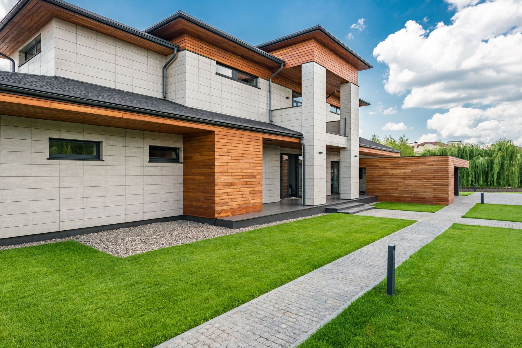 A modern wood-and-stone custom home