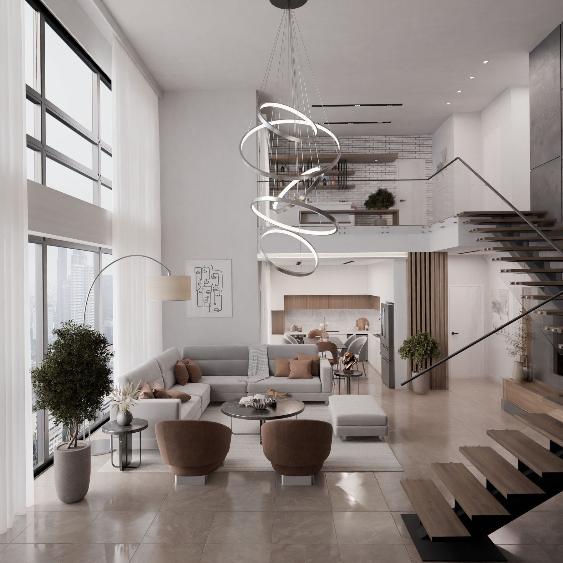Open-plan living and kitchen with tall windows